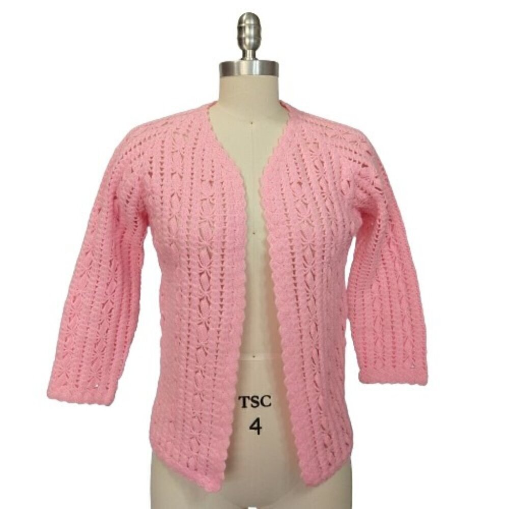 Vintage Pink Crochet Cardigan Sweater Size S Handmade Coquette Grandma Knit